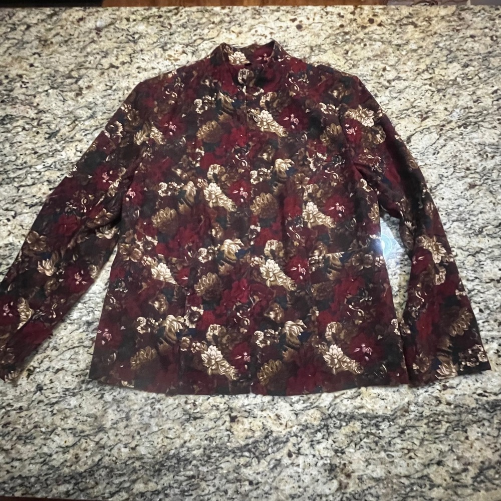 Notations Petite PXL Floral Zip Front Jacket Burgundy Gold Mock Neck